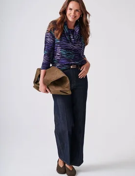 Women's Leaf Printed Cowl Neck Jumper in Purple Size: Large - Purple - Size: L - Anna Rose - FashionsVida