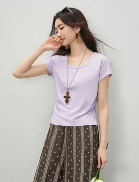 SENTUBILA Women's Minimalist Short Sleeve Knit T-shirt Korean Office U-Neck Waist Side Pleat Slim Drop Shoulder Top 162TA6016 - Aliexpress - FashionsVida