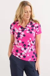 Textured Floral Print Polo Top - Pink - Size: S