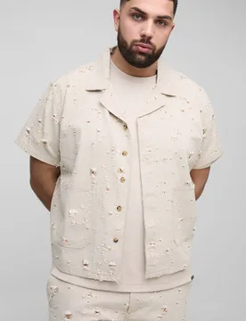 Herren Plus Denim-Hemd Mit Angeknabbertem Design, Kastig Geschnitten, Oversized Mit Reverskragen Stone Größe 3XL - boohooMAN - FashionsVida