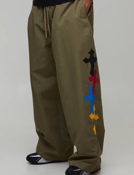 Herren Extreme Fallschirm-Schnitt Hose Mit Kreuz-Stickerei Khaki Größe Large