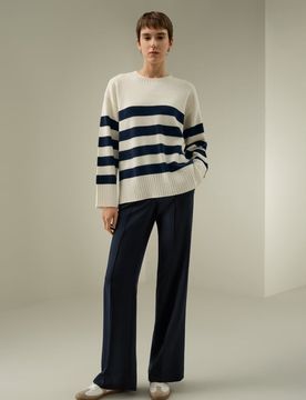 Maglione Oversize Lana Cashmere a Righe Blu Navy, Taglia S