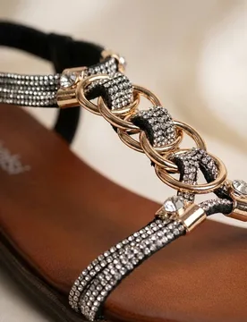 Women's Grace Rhinestone Chain Flat Sandals in Black Size: 4 - Black - Size: 4 - IKRUSH - FashionsVida