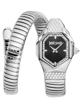Womens Snake Watch, Silver Color Case, Black Dial, Stainless Steel Bracelet - Size 22 - Just cavalli - FashionsVida