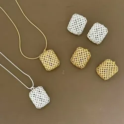 Retro Woven Plaid Square Metal Necklace Earrings Ring for Women Luxury Elegant Jewelry Accessories Versatile Everyday Jewelry
