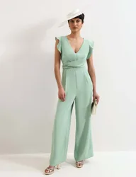 V-Neck Mock Wrap Tie Detail Wide Leg Jumpsuit Green female
