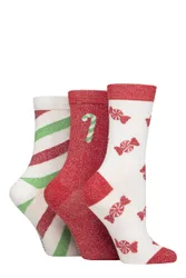 Women's 3 Pair SOCKSHOP Christmas Sparkle Patterned Bamboo Socks Candy 4-8 - Multi Coloured - Size: Small