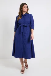 Geo Broderie Tie Front Midi Shirt Dress - Navy - Size: 10