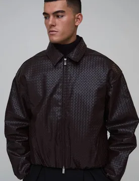 Men's Woven PU Elasticated Hem Harrington Jacket Chocolate Size Small Chocolate S - boohooMAN - FashionsVida
