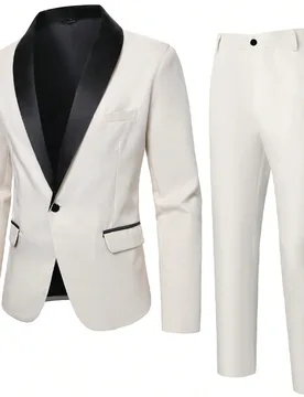 Conjunto de traje formal para hombre con blazer de manga larga y cuello de chal de color contrastante y pantalones, para ceremonia - Shein - FashionsVida