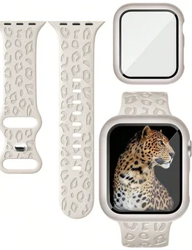Correa de reloj de silicona con estampado de leopardo 3 en 1, protector de pantalla de vidrio protector de cobertura completa, funda protectora compat - Shein - FashionsVida