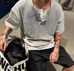 Versatile Casual Button Short Sleeved T-shirt Men's Slim Fit V-neck Half Sleeved Base Shirt Black