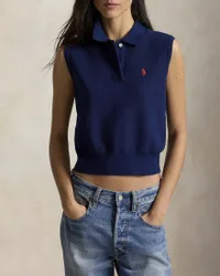 Polo crop senza maniche Polo blu in maglia di cotone con Pony ricamato