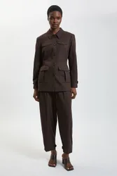 Women's Herringbone Texture Utility Trousers in Chocolate Size: 12 - Chocolate - Size: 12