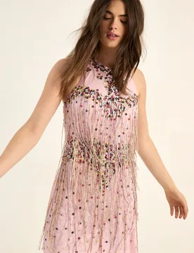 Womens Embellished Sequin Tassel Festival Mini Dress - Nude - Size 8 Uk - Nastygal - FashionsVida