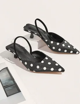 Zapatos de tacón de gatito con lunares para mujer, tacones altos de punta elegantes, tacones altos de moda con correa de tobillo y punta abierta (cor - Shein - FashionsVida