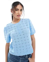 Womens Short Sleeved Crochet Top With Buttons In Light Blue - Sky Blue - Size 2xs