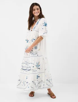 Pure Cotton Embroidered Maxi Tiered Dress Ivory female - Accessorize - FashionsVida