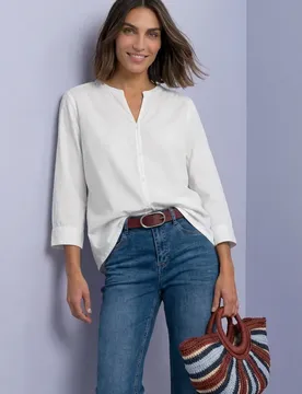 Arm Bluse mit Split Neck female Weiß