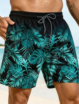 Pantalones cortos de playa con estampado de plantas tropicales y cintura con cordón para hombres