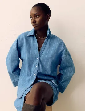 Denim Striped Collared Relaxed Shirt Medium Indigo female - Per Una - FashionsVida