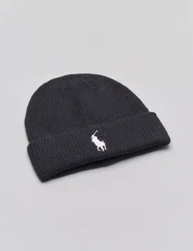 Beanie nero in misto lana e alpaca con maxi logo bianco ricamato - Ralph Lauren - FashionsVida