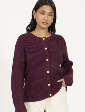 Womens Burgundy Round Neck Fisherman Knit Cardigan - Size X-Small - Brave soul - FashionsVida