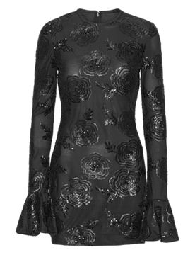 Rotating Long-Sleeve Sequined Floral Embroidered Mini Dress with Back Zip