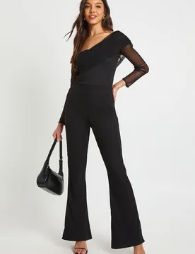 Womens Mesh Asymmetric Bardot Jumpsuit - Black - Size 14 Uk - Boohoo - FashionsVida