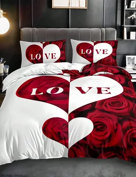 Juego de edredón de 3 piezas con corazón de rosa y patrón de letras (1 pieza de edredón sin edredón, 2 piezas de fundas de almohada sin relleno), - Shein - FashionsVida