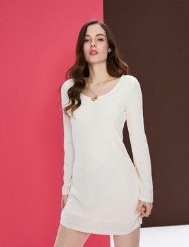 Abito mini in maglia a maniche lunghe - panna