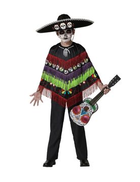 Mexikanisches Skelett-Kostüm Poncho für Kinder bunt