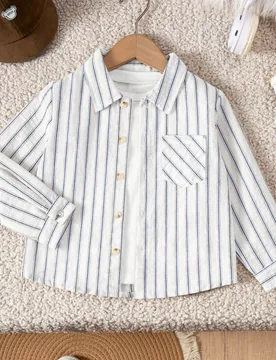 Camisa de manga larga a rayas azul marino con bolsillo parche, adecuada para reuniones casuales y ocasiones formales, para niños y niños pequeños - Shein - FashionsVida