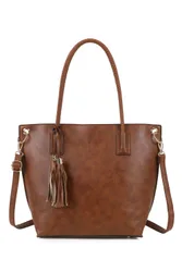 Women's Reid Dual Tassel PU Leather Shoulder Tote Bag in Brown - Brown - Size: One Size
