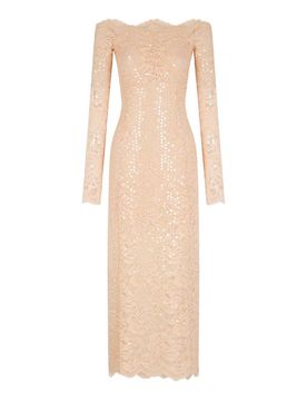 Vestito Midi In Pizzo Rosa Con Strass