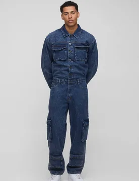 Herren Langarm Relaxed Gewaschener Cargo Denim Overall Vintage Blue Größe Medium - boohooMAN - FashionsVida