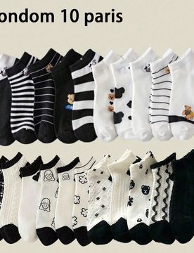 Pares de calcetines casuales/deportivos de tobillo para mujer con patrones minimalistas blancos y negros aleatorios, aptos para uso diario