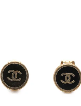 Gold Plated and Enamel CC Round Button Clip On Earrings - Chanel - FashionsVida