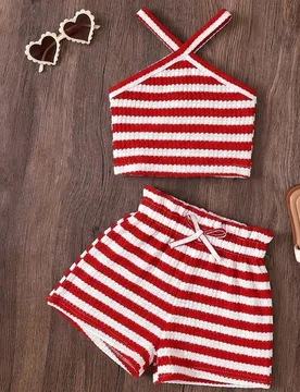 Conjunto informal de vacaciones elegante para niña con top de manga corta y pantalones a juego con estampado de rayas, conjunto a rayas, conjunto de - Shein - FashionsVida