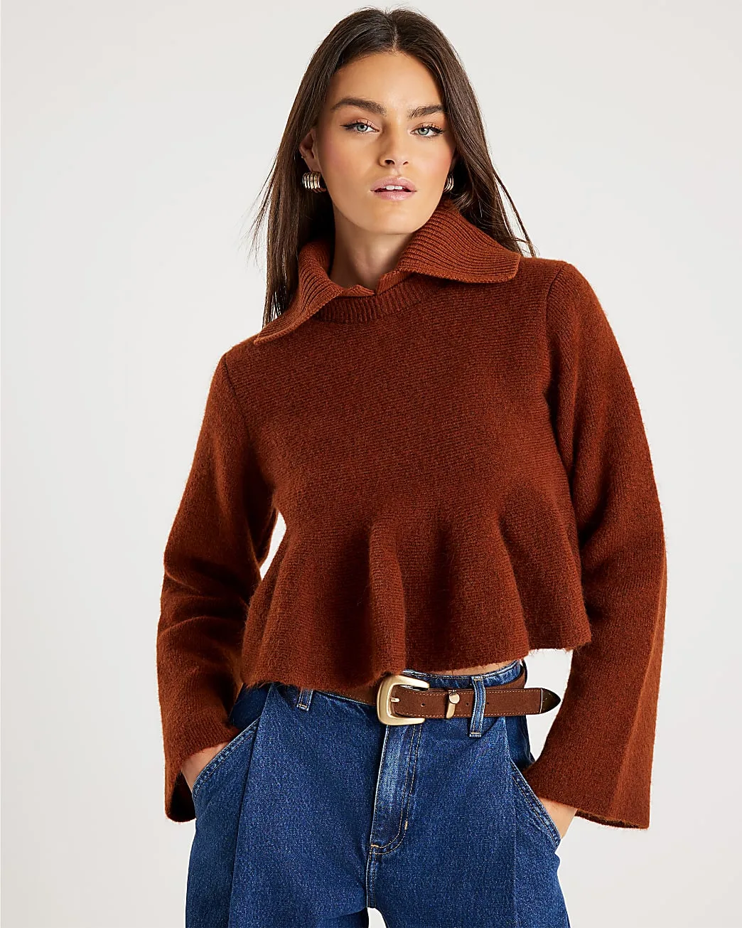 Womens Jumper Orange Knit Collared Peplum Sweater - Rust - Size Large - River Island - FashionsVida