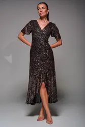 Women's Sequin Angel Sleeve Ruffle Hem Maxi Dress in Metallic Gold Size: 16 - Metallic Gold - Size: 16