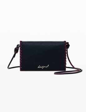Monedero bandolera mediano pespuntes, Mujer, Poliuretano, Negro, U
