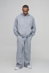 Mens Oversized Boxy Zip Through Cross Embroidered Hooded Tracksuit - Grey Cotton - Size Medium