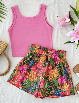 Conjunto de 2 piezas para niña preadolescente, top sin mangas y shorts con estampado floral, rosa, estilo casual boho tropical, ropa linda para vacac - Shein - FashionsVida