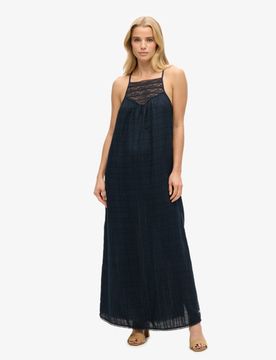 Superdry Damen Maxi-strandkleid mit Spitze und Nackenträger Marineblau - Größe: 38