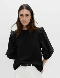 Cotton Rich Ruffle Sleeve Top Black female