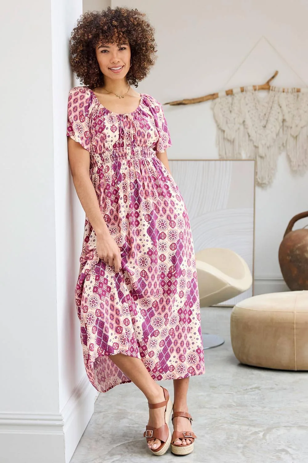 Printed Maxi Dress - Ecru - Size: 16 - Cotton Traders - FashionsVida