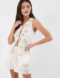Cotton Rich Tropical Cutwork Tie Front Top Ivory female