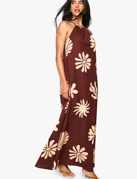 Womens Halterneck Tie Shell Printed Linen Look Maxi Dress - Brown - Size 8 Uk - Boohoo - FashionsVida