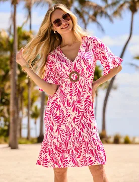 Floral V-Neck Hoop Detail Mini Waisted Dress Pink Mix female - Sosandar - FashionsVida